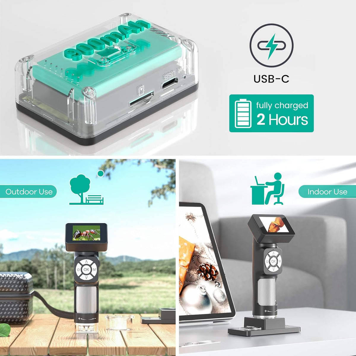 Portable Pocket Microscope Kit with 2" LCD Screen, 500X, 8 Adjustable LED Lights, 32GB SD Card R9618