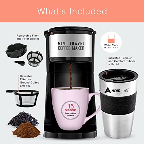 Black Mini Single Serve Coffee Maker with 15 oz Travel Mug and Reusable Filter I322