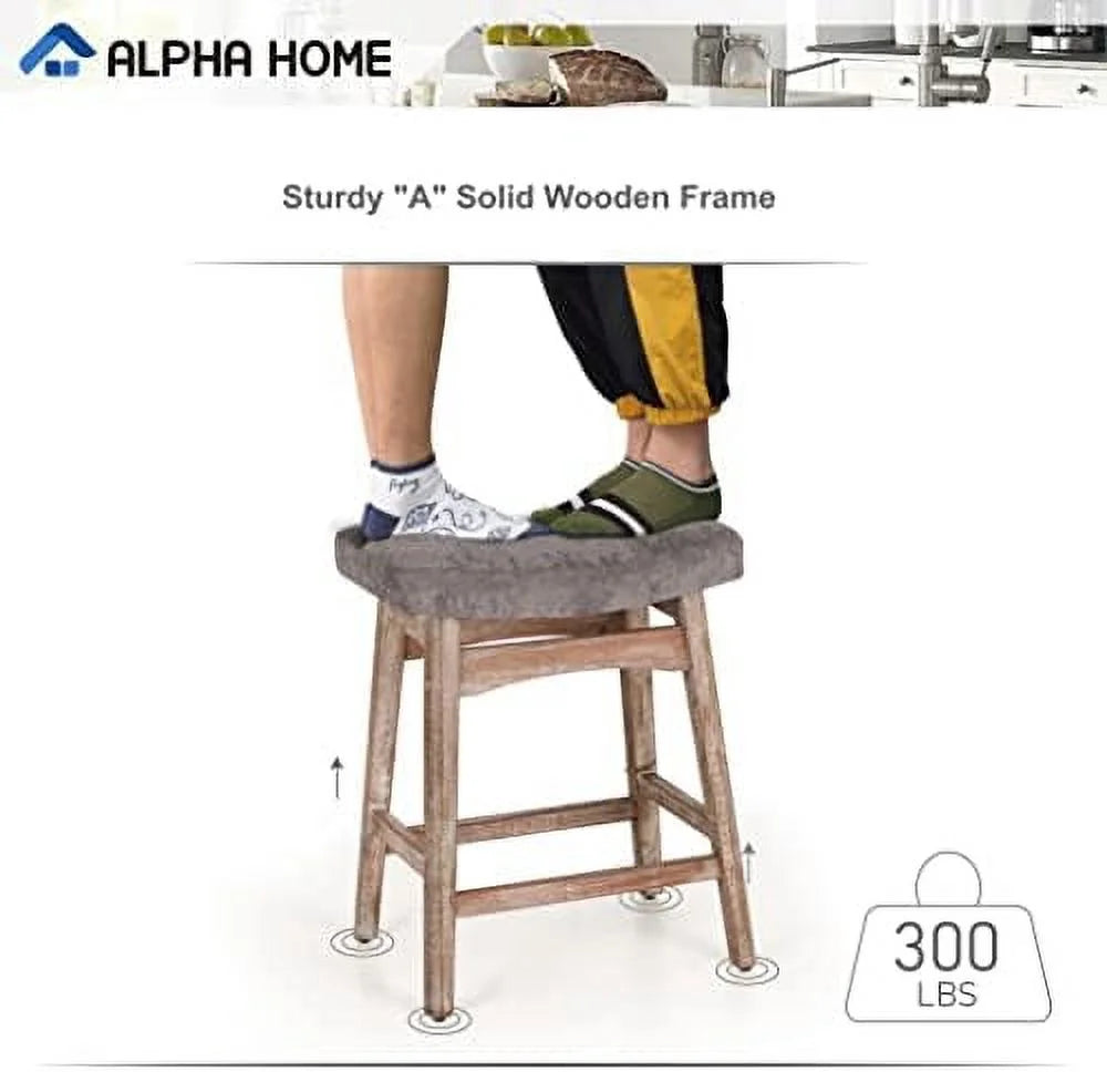 Solid Wood Saddle Kitchen Stool with Grey Linen Fabric Cushion Counter Height Barstool, 24 Inch P505972