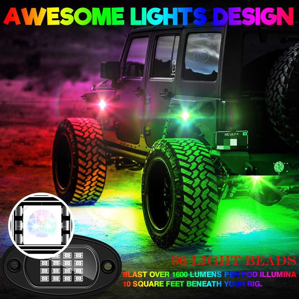 6-Pack LED RGB Neon Underglow Pod Rock Lights Kit, 96LEDs, Waterproof 12V T90073