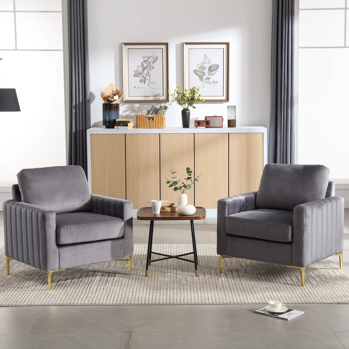 Gray Velvet Tufted Accent Chair with Metal Legs W303