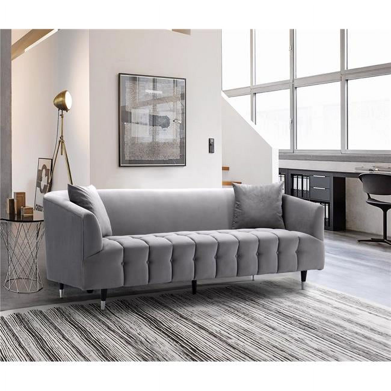 Silver Velvet Sofa with Gold Tip Wood Legs M8033
