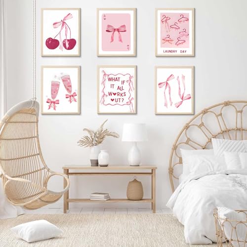 6 Pcs Pink Bows Wall Art, Light Pink Bow Canvas Prints, Unframed 8x10in Poster Q4245