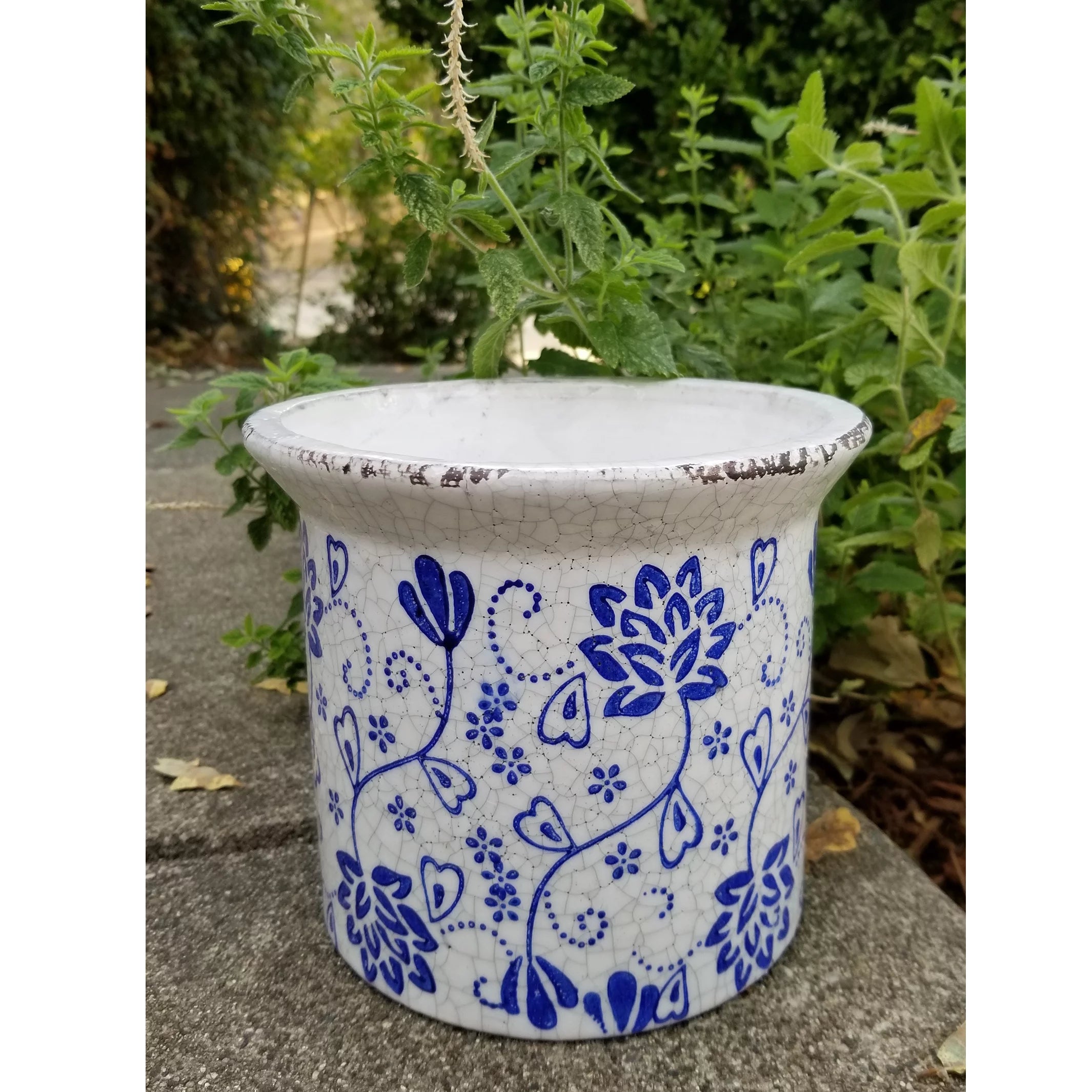 Blue and White Ceramic Flower Print Planter with Flared Lip D85284