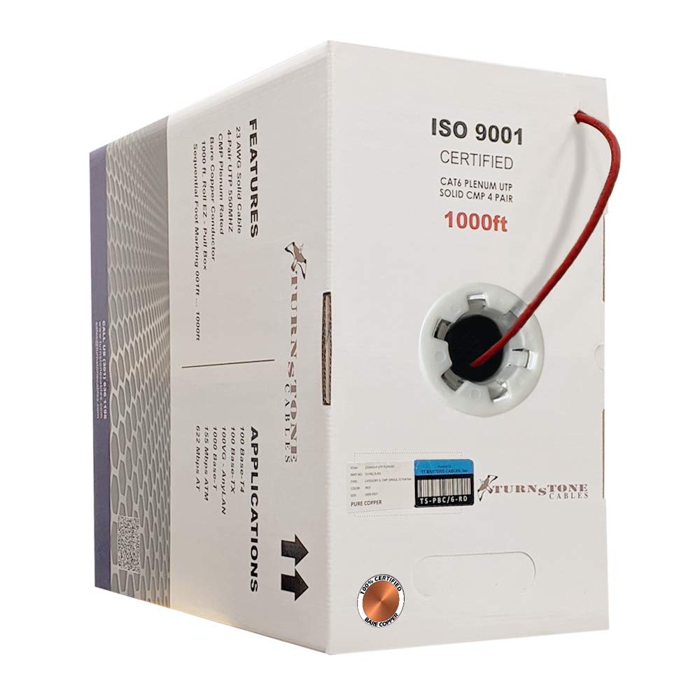 Cat6 Plenum (CMP) 1000ft Cable, 23AWG Solid Bare Copper UTP Bulk Ethernet Cable B415819