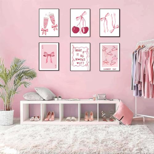 6 Pcs Pink Bows Wall Art, Light Pink Bow Canvas Prints, Unframed 8x10in Poster Q4245