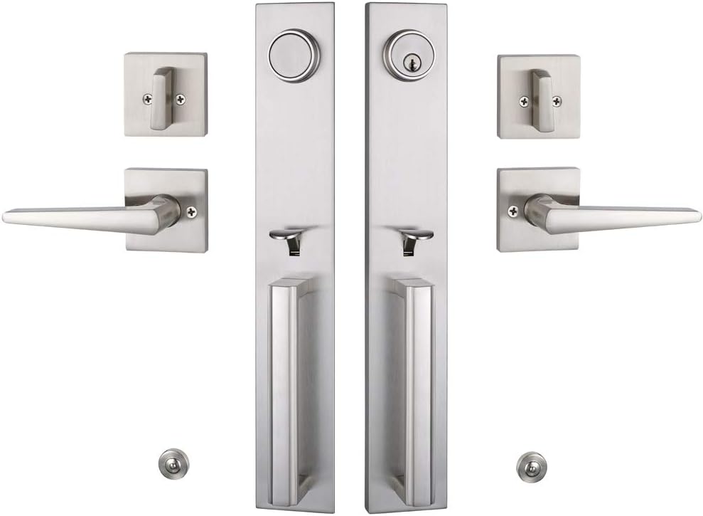 Double Door Handleset Brushed Nickel Finish Keyed Entry Handle and Dummy Handleset Set I73921