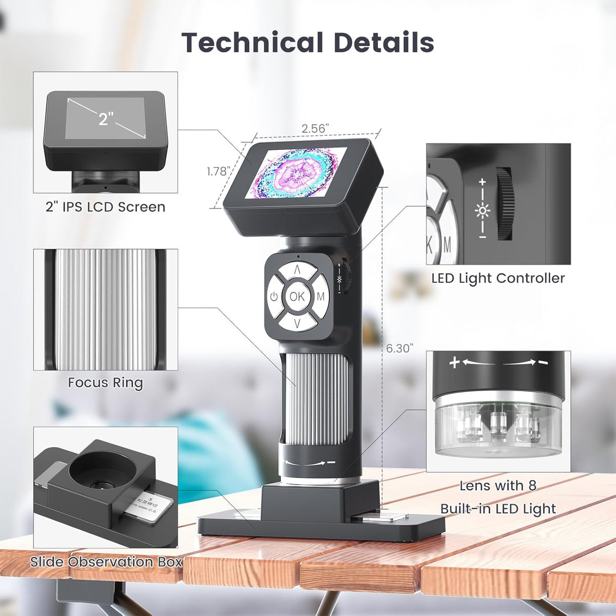 Portable Pocket Microscope Kit with 2" LCD Screen, 500X, 8 Adjustable LED Lights, 32GB SD Card R9618