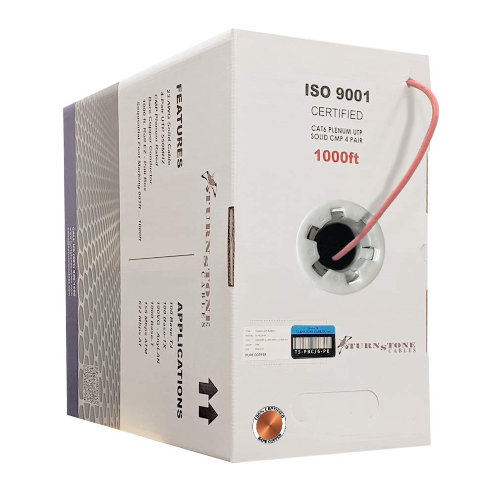 Cat6 Plenum (CMP) 1000ft Cable, 23AWG Solid Bare Copper UTP Bulk Ethernet Cable B415819