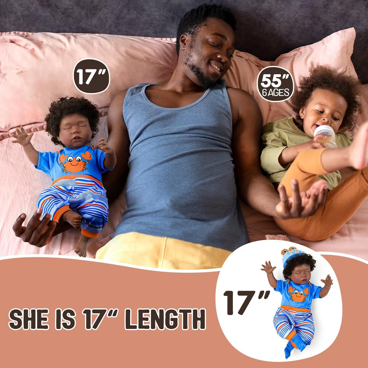 18-Inch Realistic Black Baby Doll with Clothes and Toy B212632