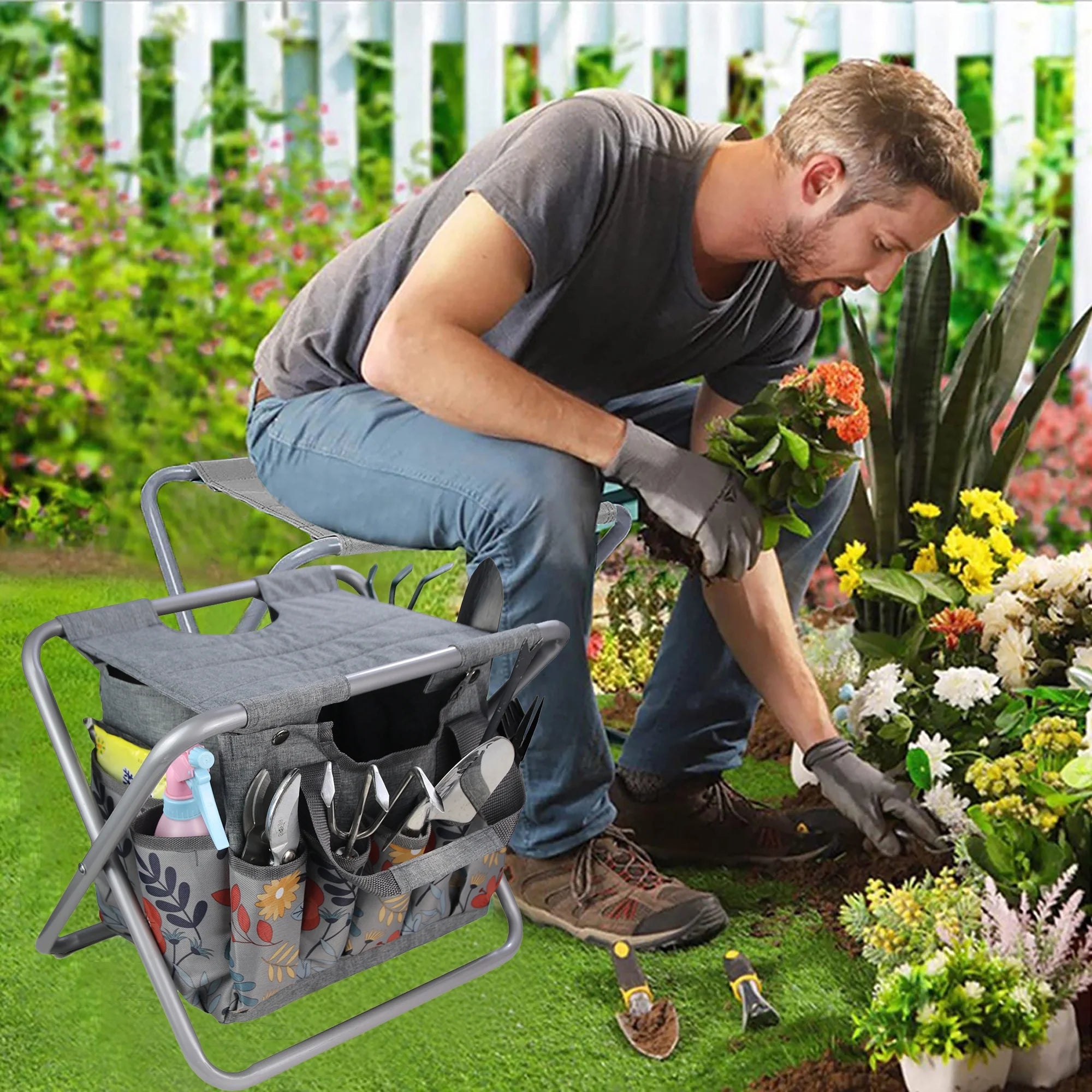 Folding Gardening Stool with Detachable Storage Tote Bag U5471