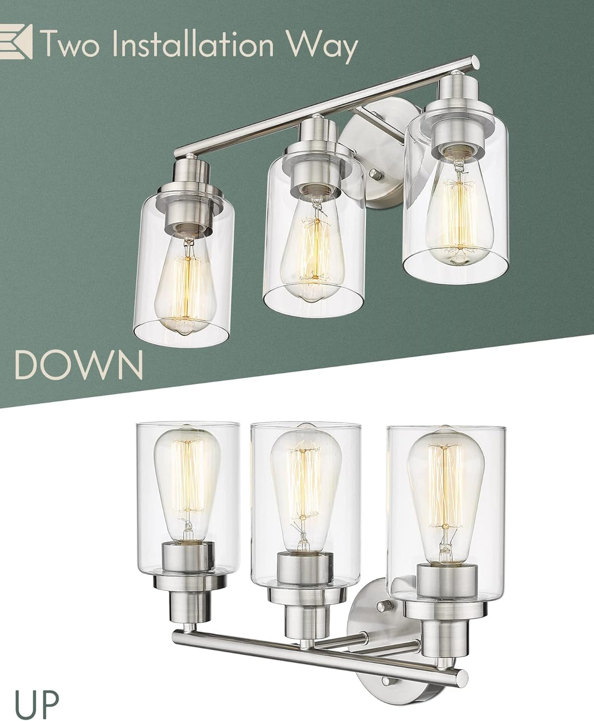 3-Light Brushed Nickel Clear Glass Vanity Wall Light Fixtures M498