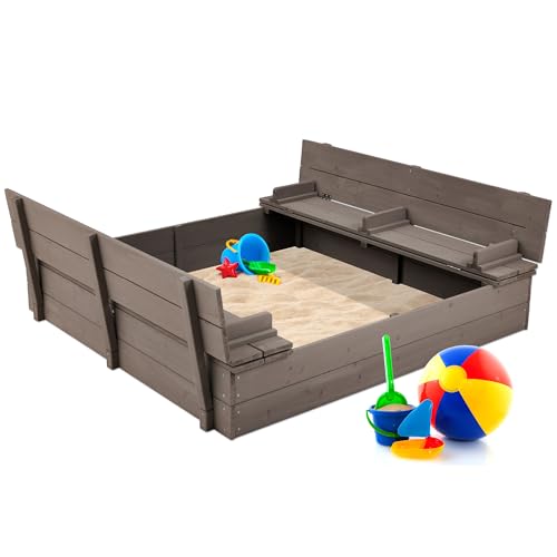 Kids' Outdoor Wooden Sandbox with Foldable Bench Seats V183509