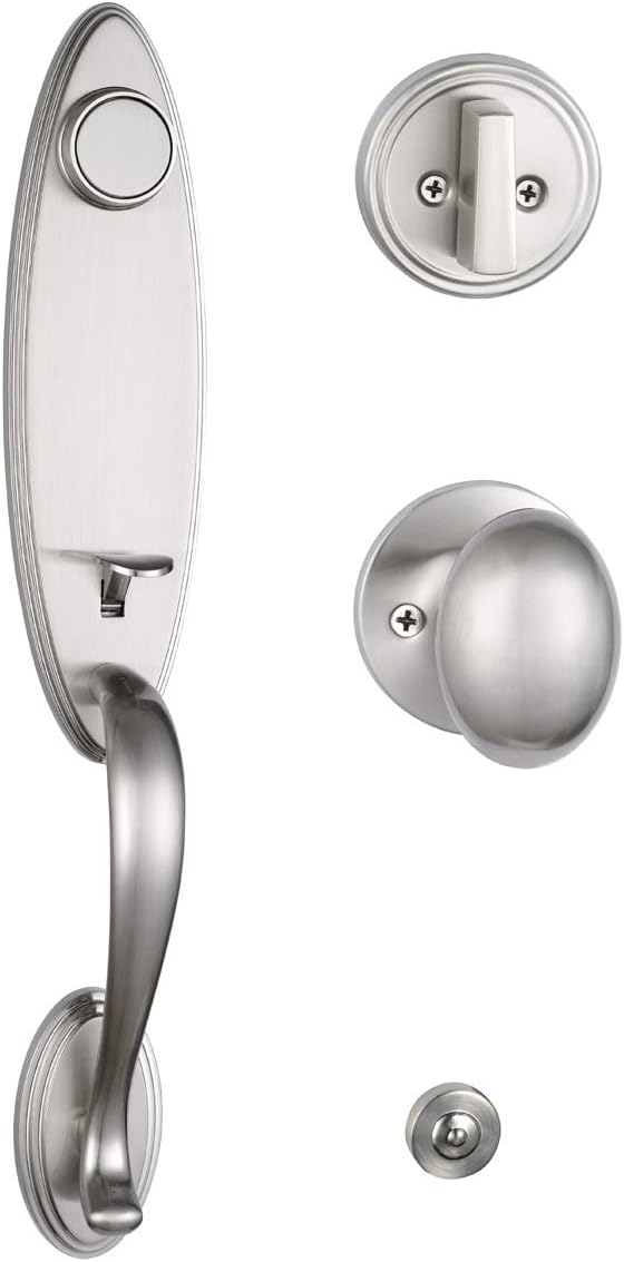 Double Door Handleset Brushed Nickel Finish Keyed Entry Handle and Dummy Handleset Set I73921