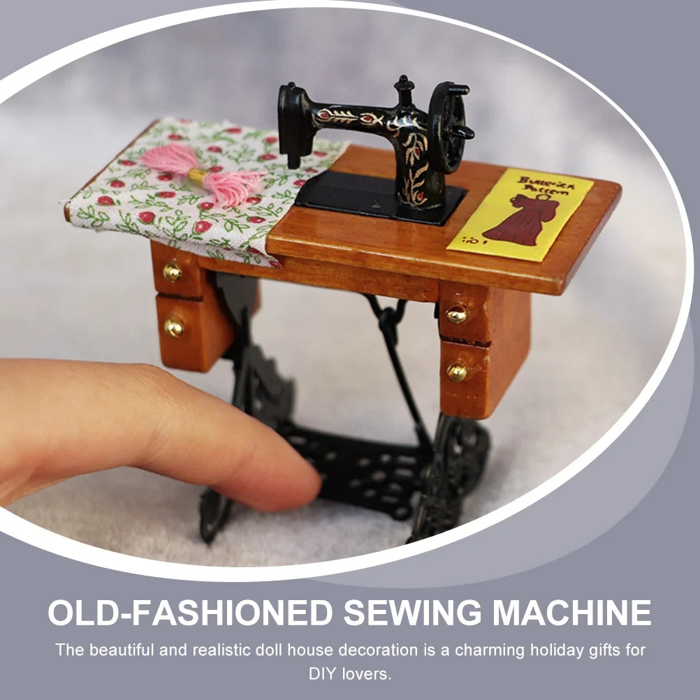 Vintage Mini Stitching Machinery Dollhouse Sewing Machine Wooden Metal Cloth A63678