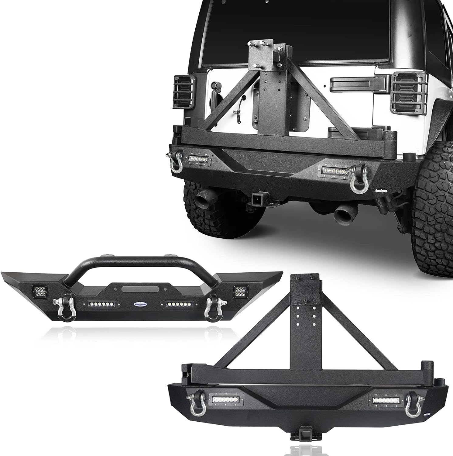 Front & Rear Bumpers Combo with Winch Plate & Spare Tire Carrier & LED Lights & D Rings H51820