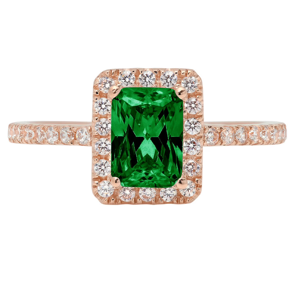 1.86ct Emerald Cut Green Simulated Emerald 18k Rose Gold Halo Ring Z5175