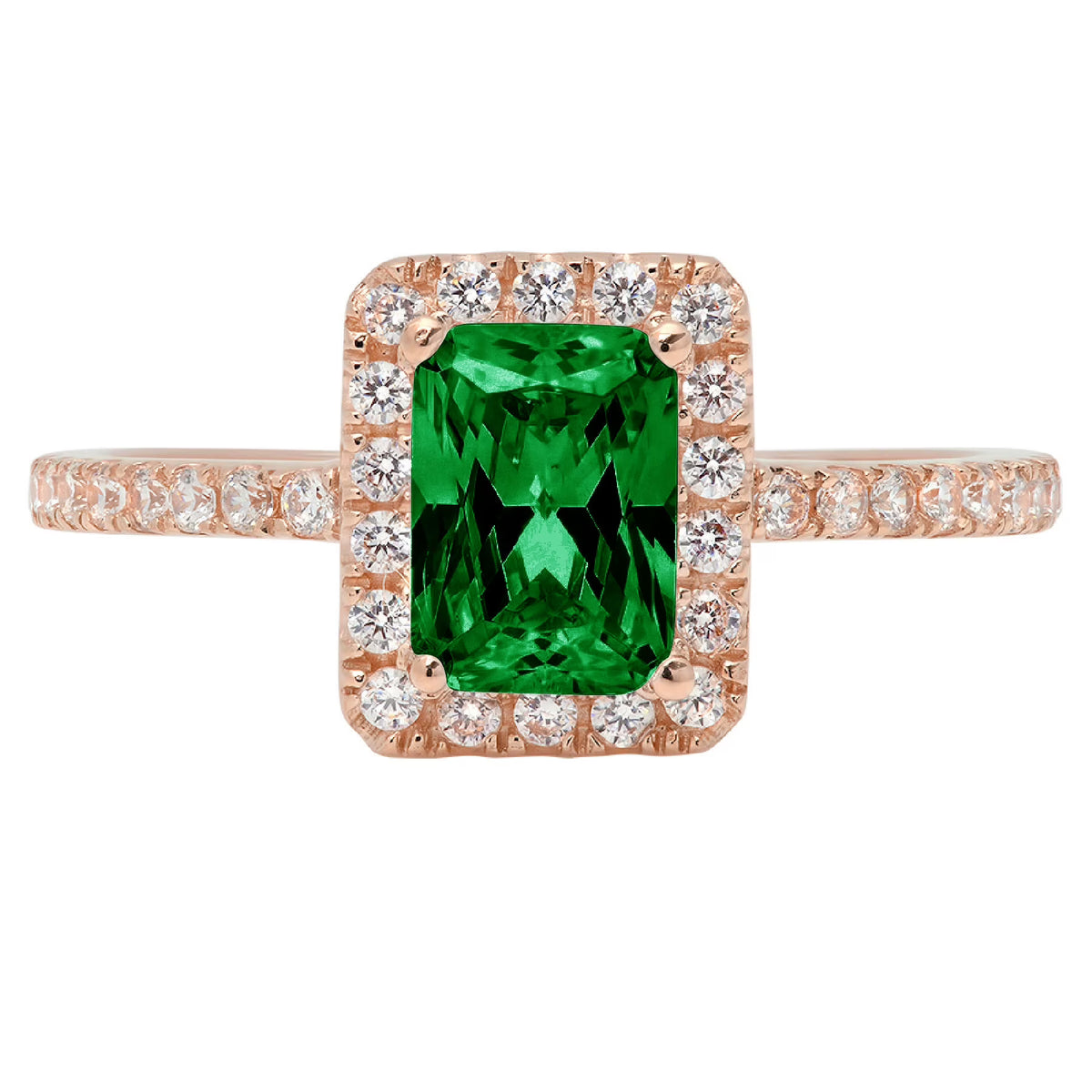 1.86ct Emerald Cut Green Simulated Emerald 18k Rose Gold Halo Ring Z5175