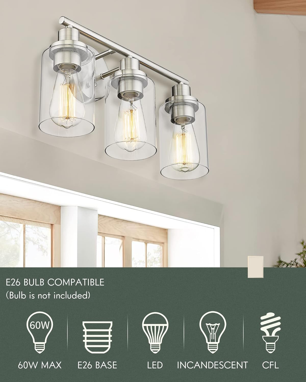 3-Light Brushed Nickel Clear Glass Vanity Wall Light Fixtures M498