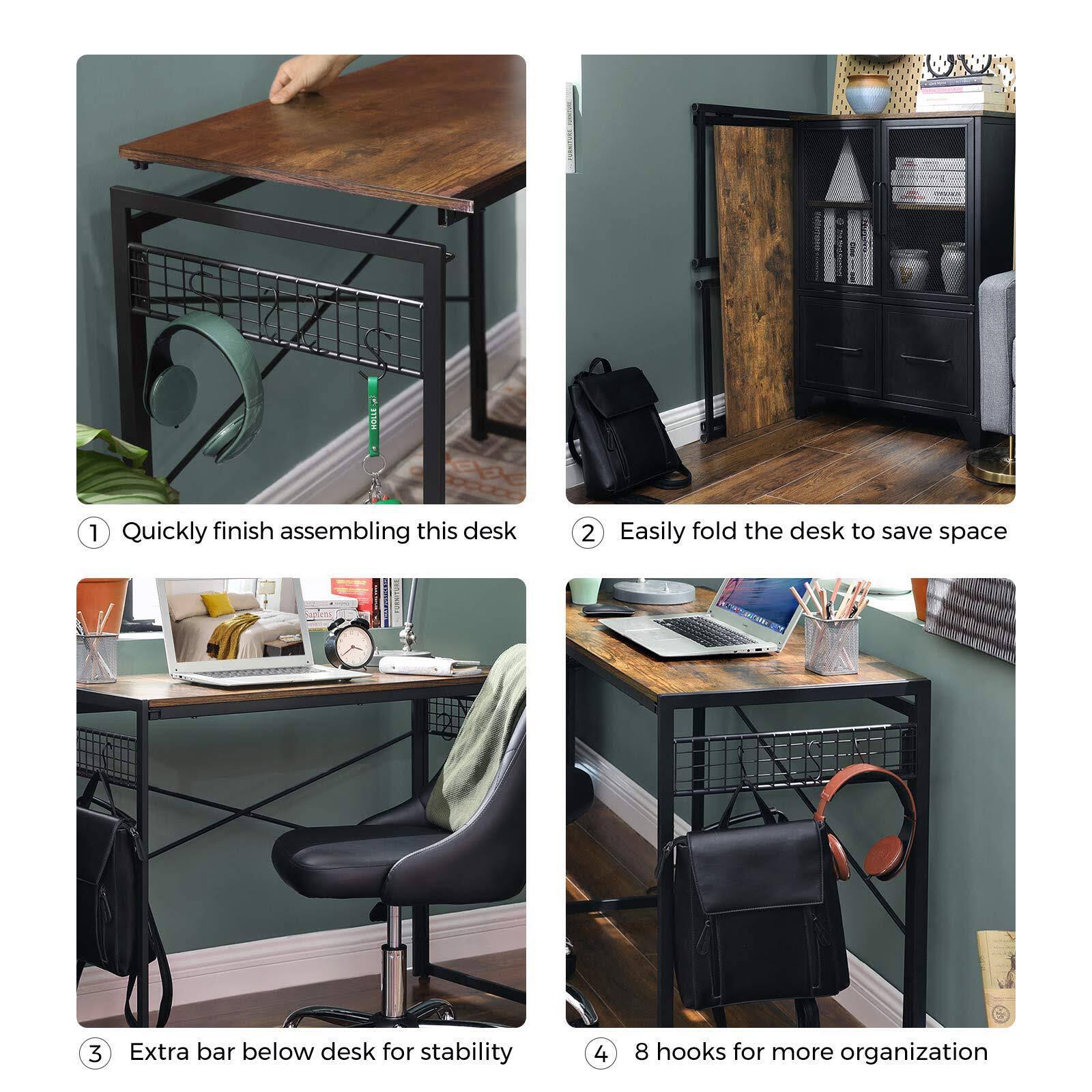 Black 39-Inch Folding Desk with 8 Hooks V57107