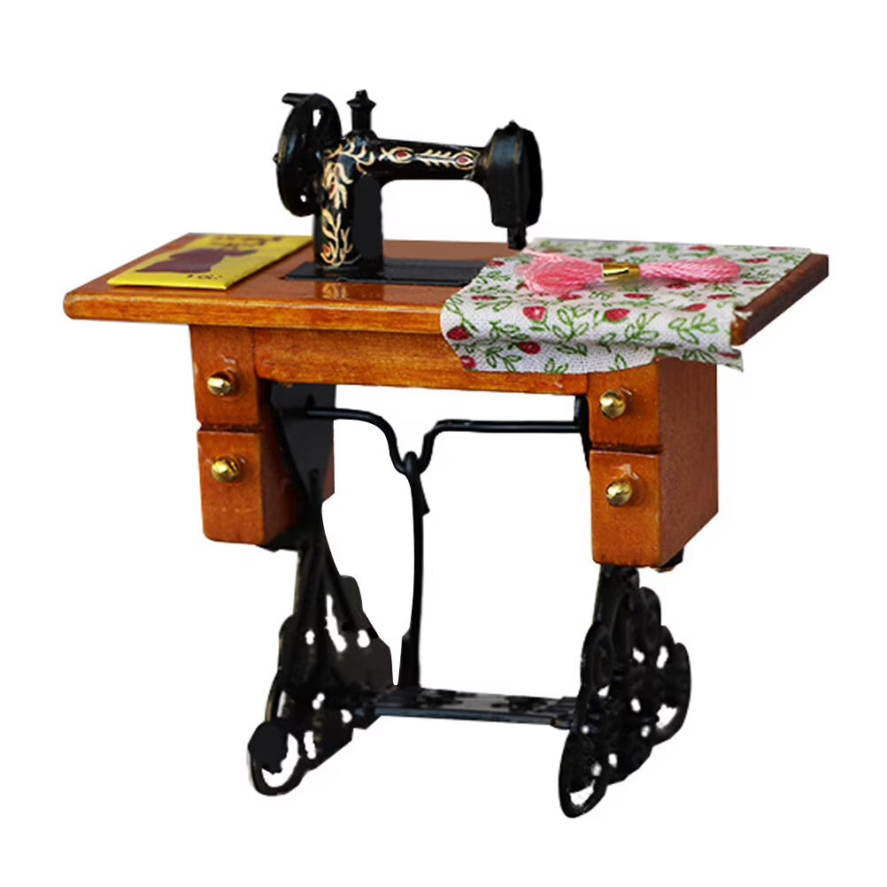 Vintage Mini Stitching Machinery Dollhouse Sewing Machine Wooden Metal Cloth A63678