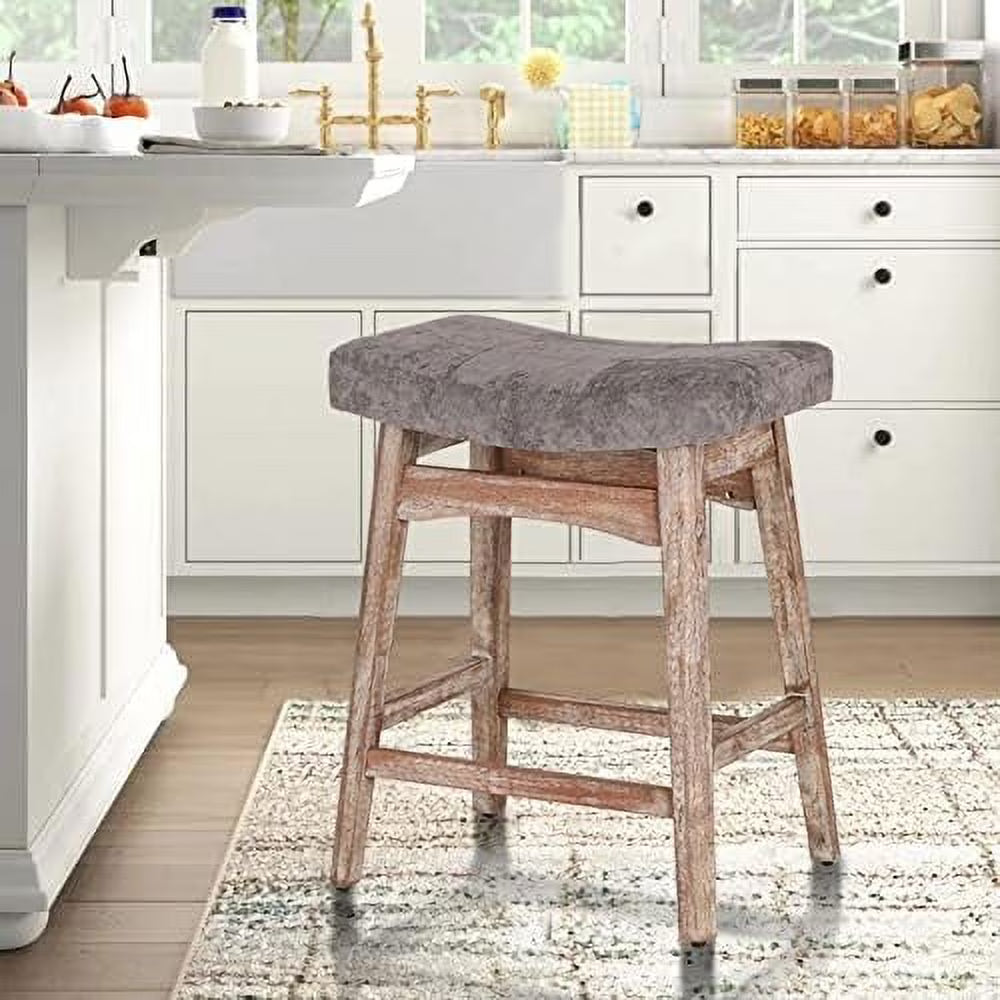 Solid Wood Saddle Kitchen Stool with Grey Linen Fabric Cushion Counter Height Barstool, 24 Inch P505972