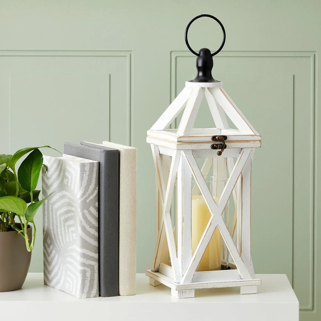 White 6 x 15 In Wooden Decorative Lantern Candle Holder with Glass Hurricane Q3887
