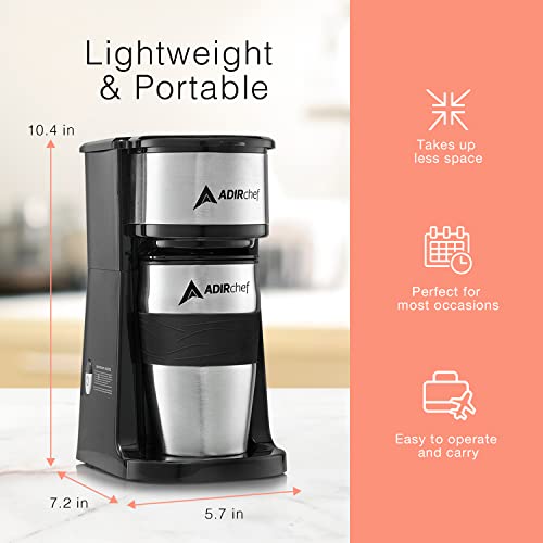 Black Mini Single Serve Coffee Maker with 15 oz Travel Mug and Reusable Filter I322