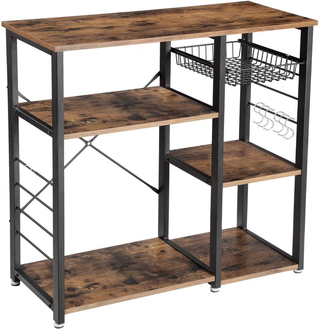 Rustic Brown Kitchen Baker’s Rack with Steel Frame Wire Basket 6 Hooks L468