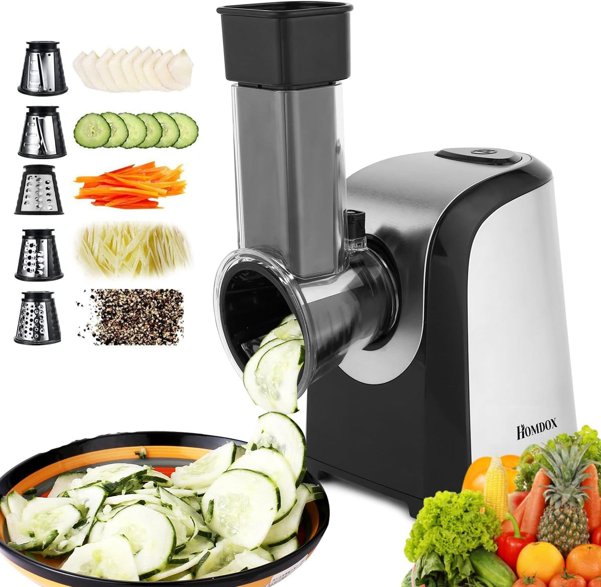Electric Cheese Grater 5 in 1 Professional Electric Shredder Vegetable Slicer 150W One-Touch Control Salad Maker O756