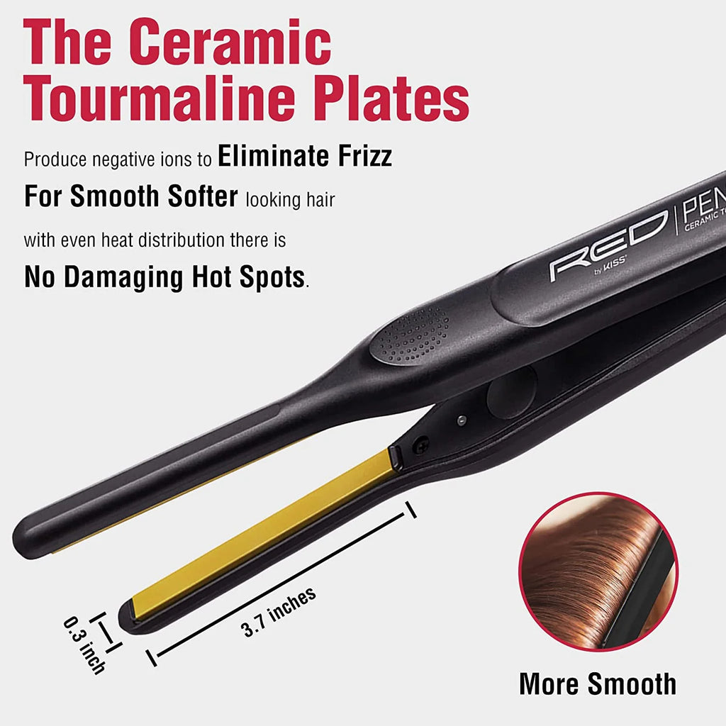 Red 0.3" Ceramic Tourmaline Pencil Flat Iron Hair Straightener J1771