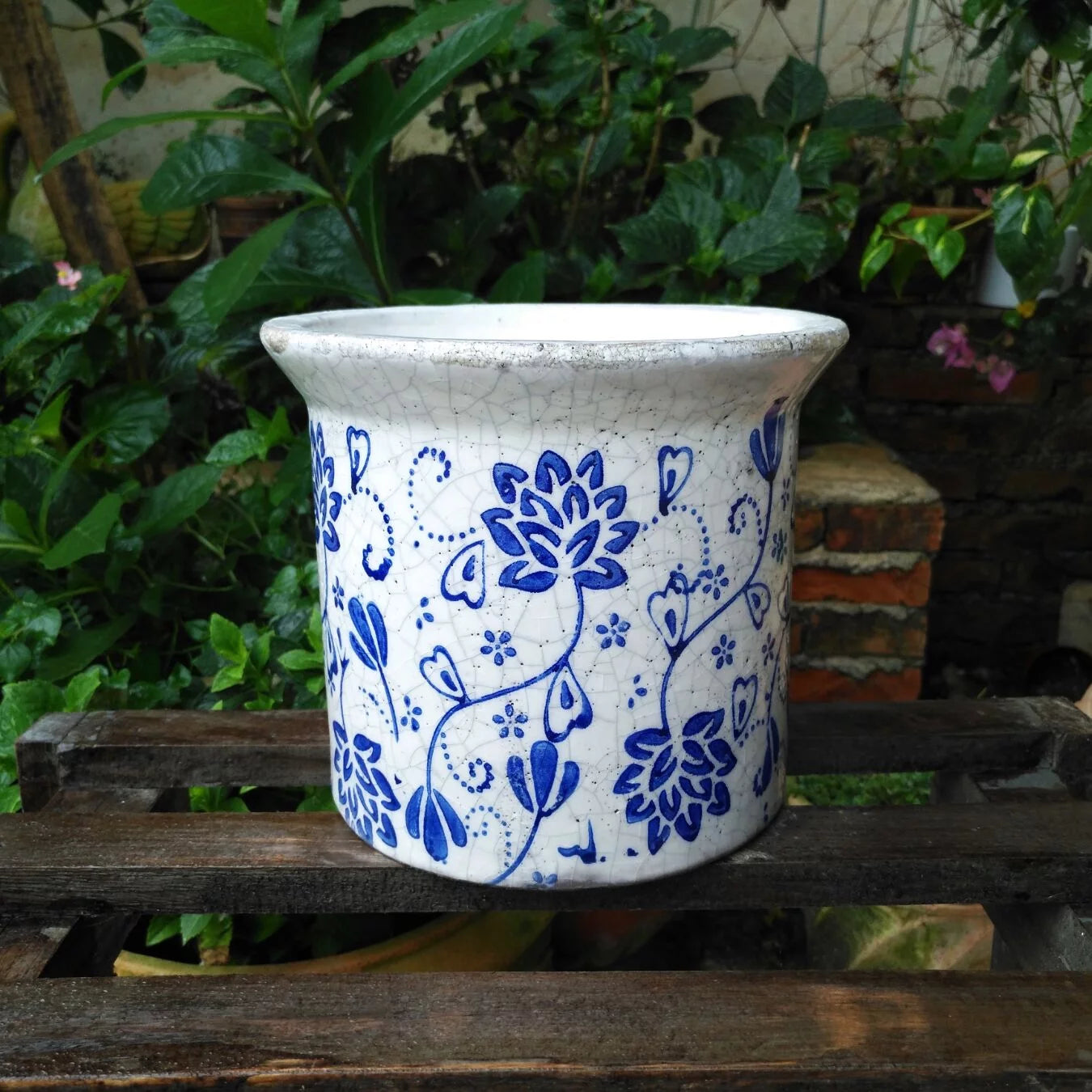 Blue and White Ceramic Flower Print Planter with Flared Lip D85284