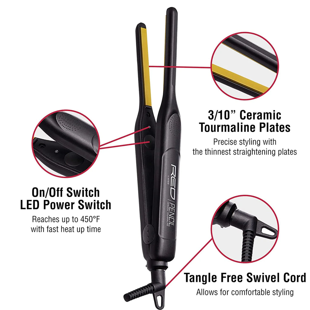 Red 0.3" Ceramic Tourmaline Pencil Flat Iron Hair Straightener J1771