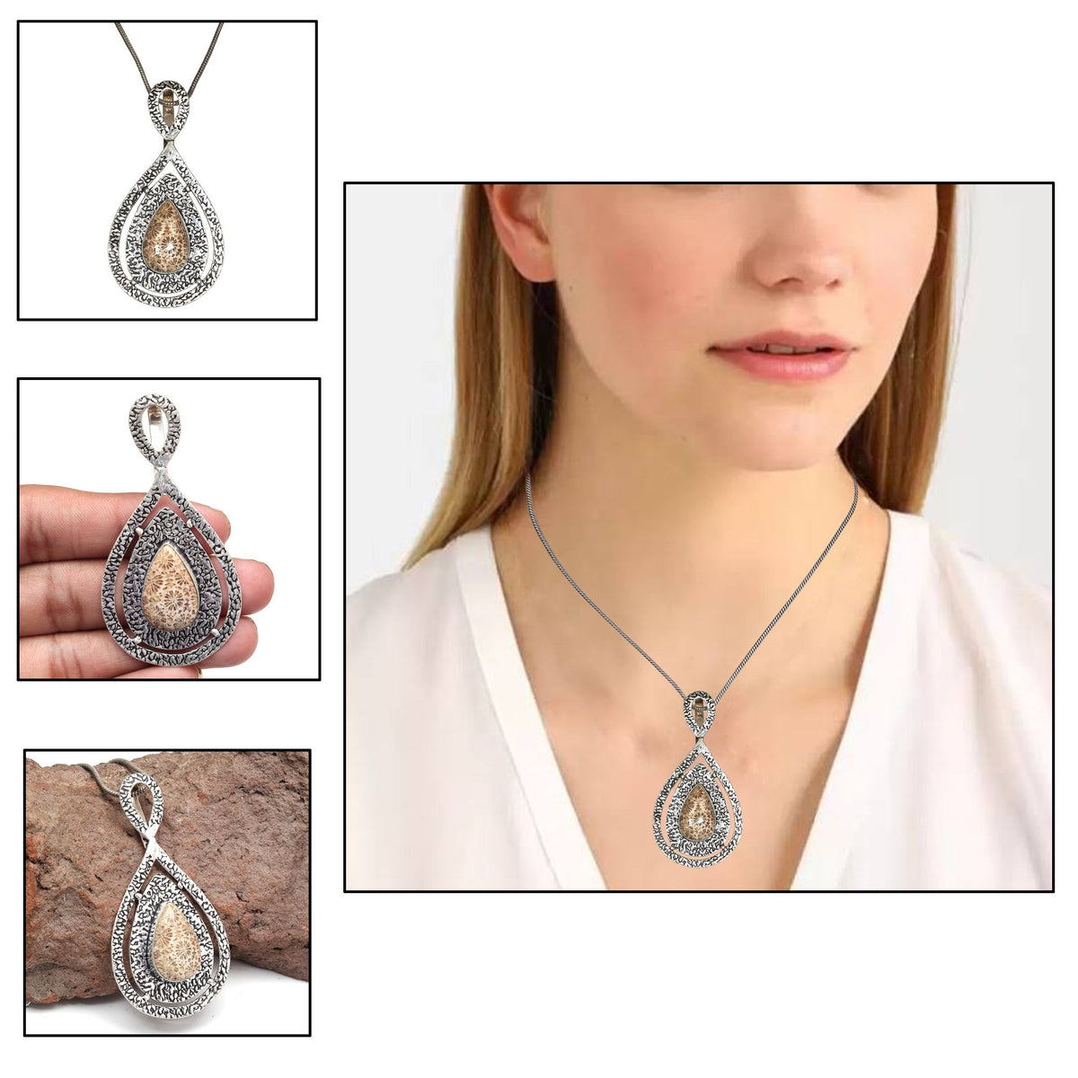925 Silver Necklace Fossil Gemstone Coral 18" Handmade O48707