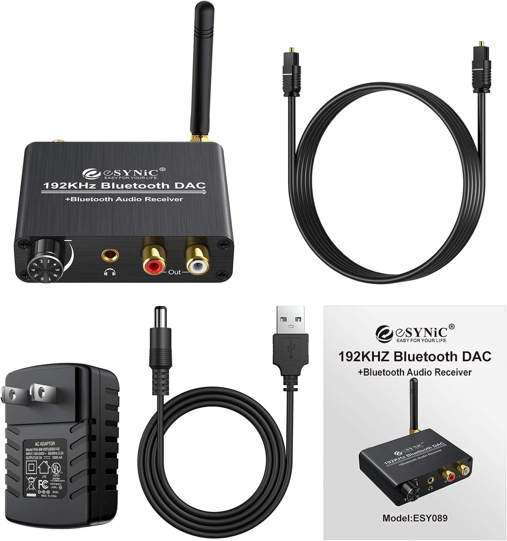192kHz DAC Digital to Analog Audio Converter with Bluetooth 5.0 Receiver, Optical Coaxial Toslink, Stereo L/R RCA 3.5mm, Pack of 2 Q9206