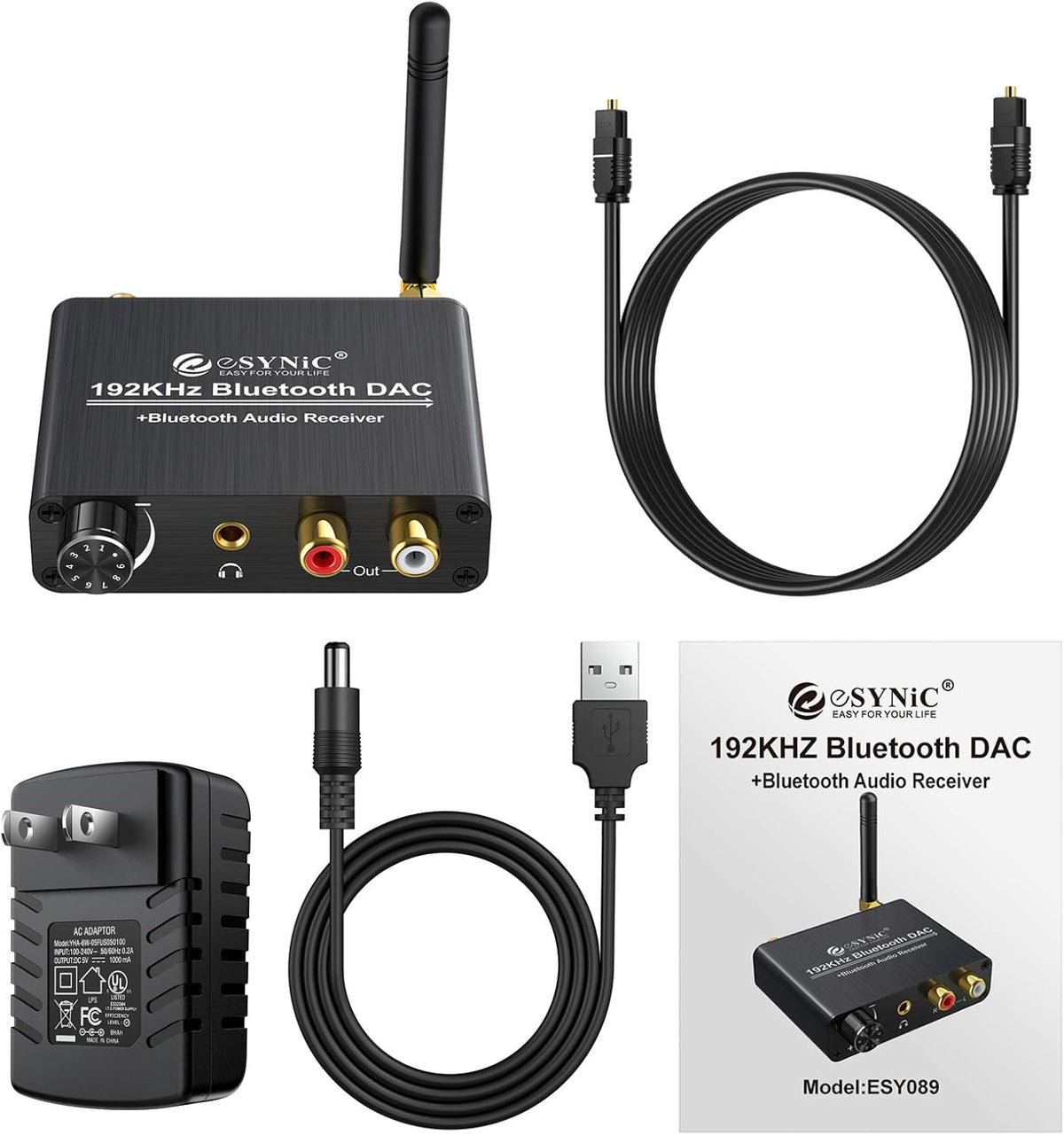 192kHz DAC Digital to Analog Audio Converter with Bluetooth 5.0 Receiver, Optical Coaxial Toslink, Stereo L/R RCA 3.5mm, Pack of 2 Q9206