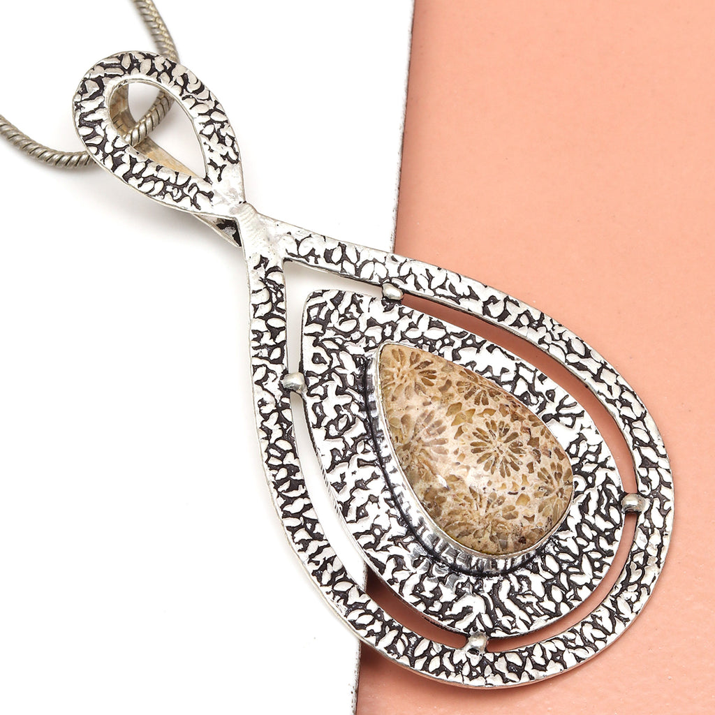 925 Silver Necklace Fossil Gemstone Coral 18" Handmade O48707
