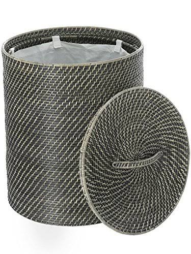 Black Wash Round Rattan Hamper with Liner J2458