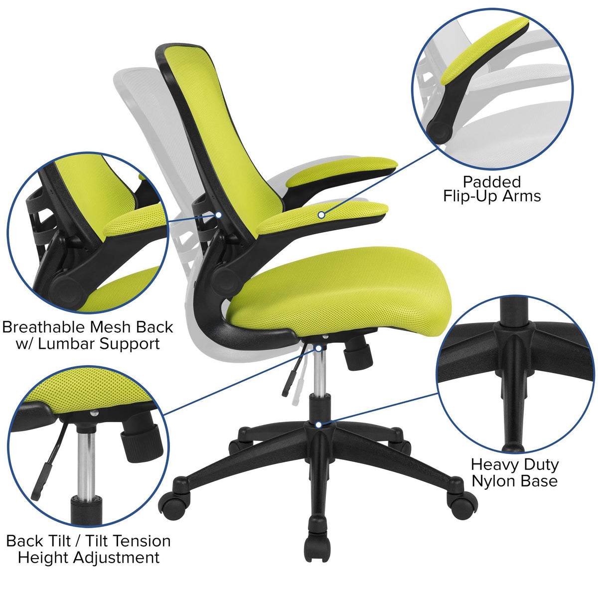 Green and Black Mid-Back Swivel Ergonomic Task Office Chair with Flip-Up Arms S203419