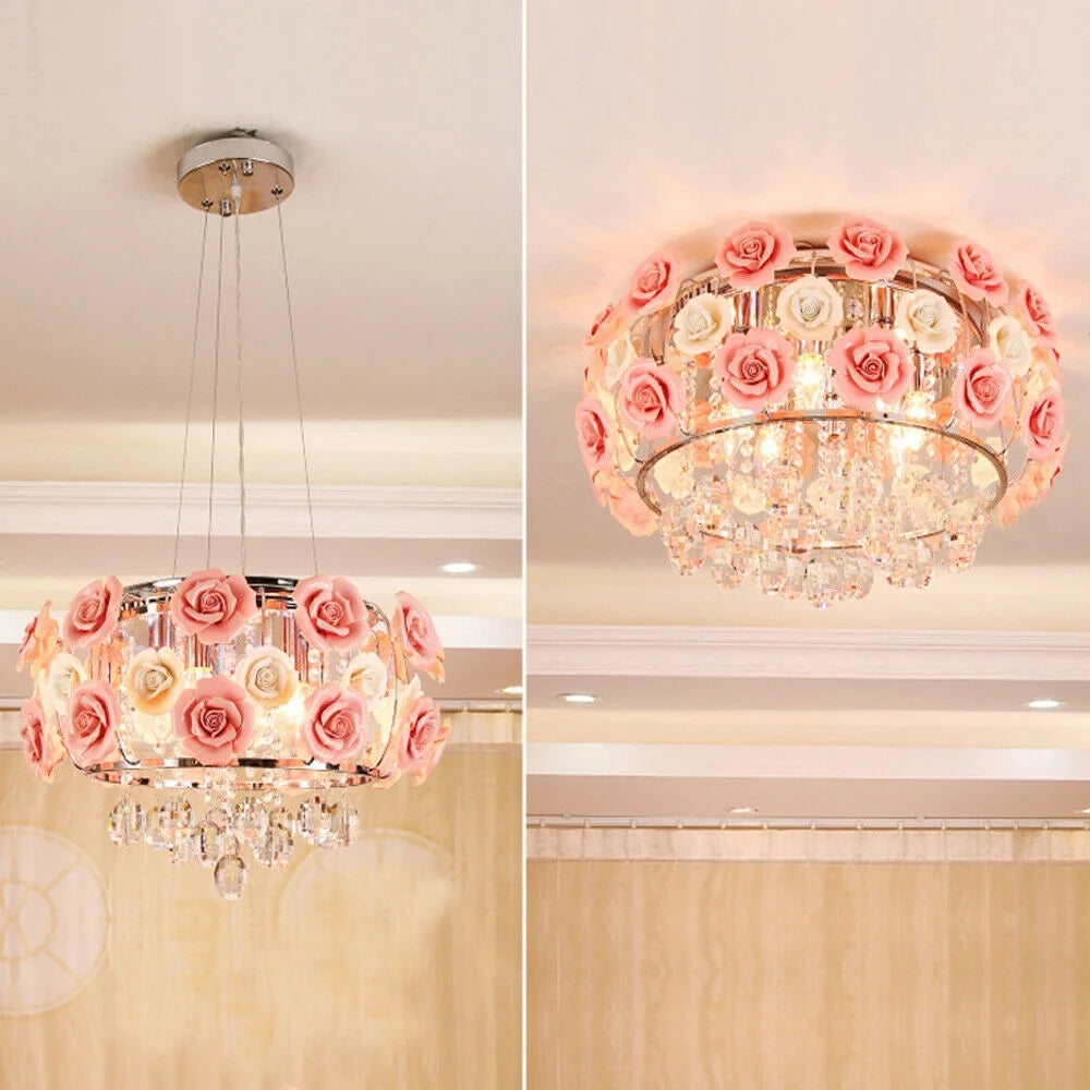 Pink Rose Flower Crystal Pendant Ceiling Lamp X3951