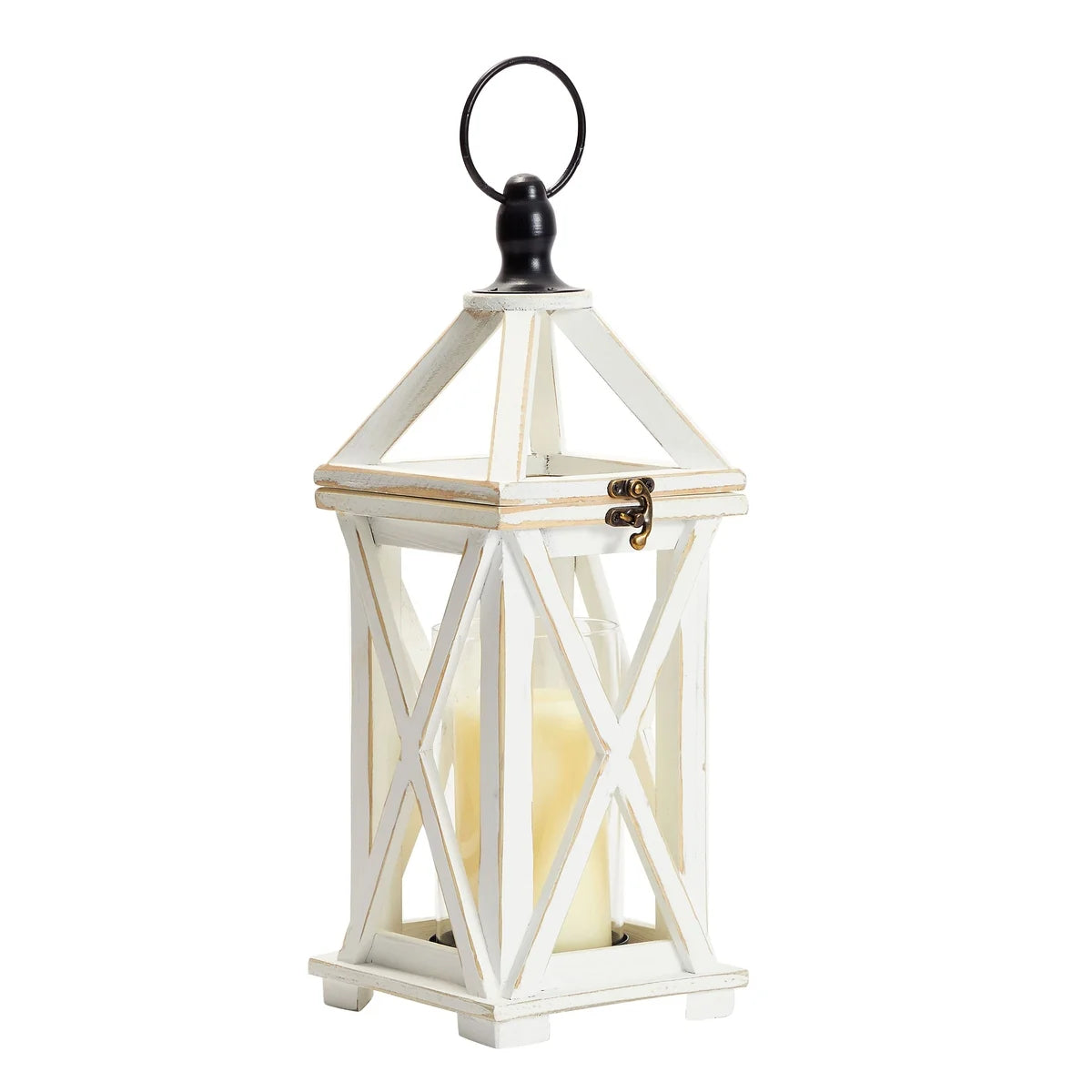 White 6 x 15 In Wooden Decorative Lantern Candle Holder with Glass Hurricane Q3887