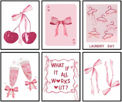 6 Pcs Pink Bows Wall Art, Light Pink Bow Canvas Prints, Unframed 8x10in Poster Q4245