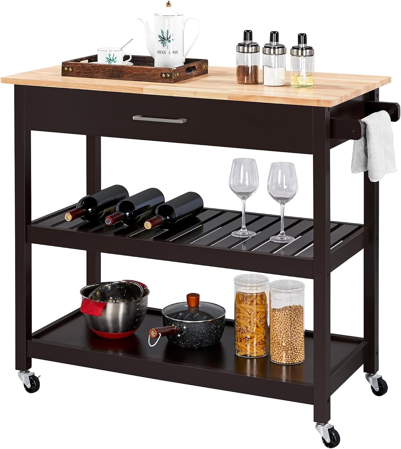 Espresso 3 Tier Rolling Kitchen Cart with Storage Drawer and Shelves B70475
