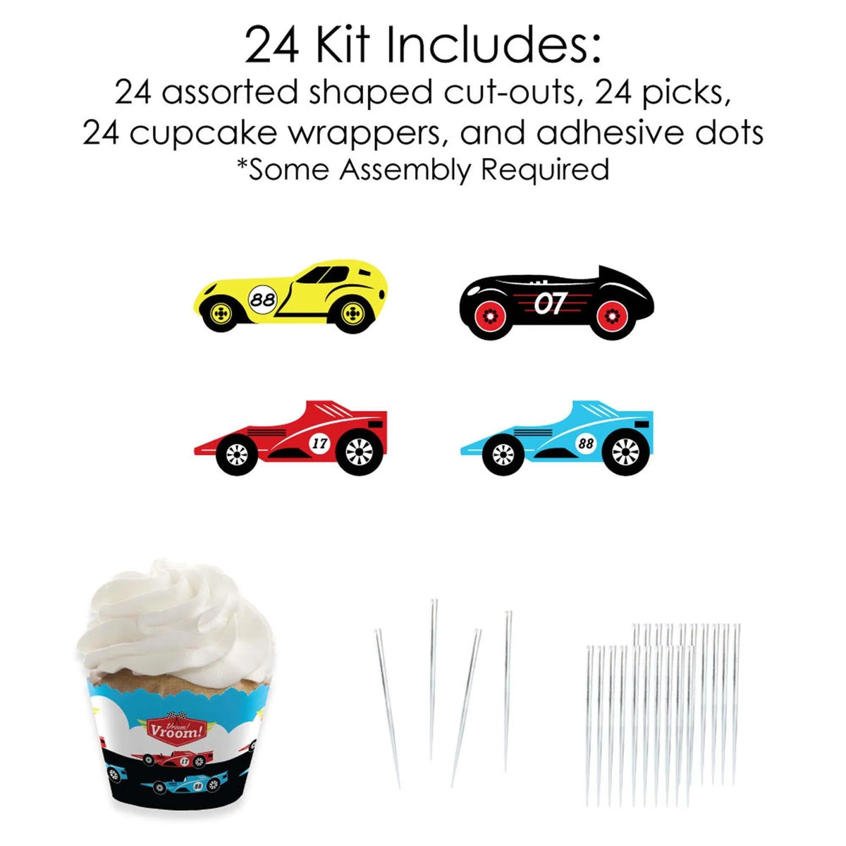 Racecar Cupcake Wrappers and Treat Picks Kit - Set of 24 E52321
