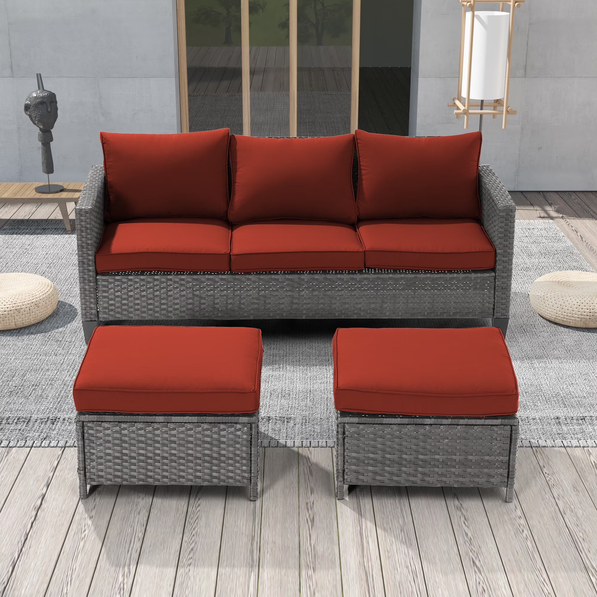 Red 3-Piece Rattan Patio Sofa Set with Ottomans Q2475