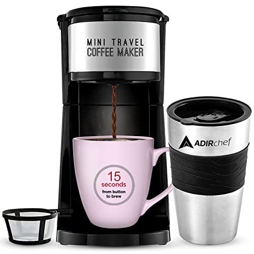 Black Mini Single Serve Coffee Maker with 15 oz Travel Mug and Reusable Filter I322