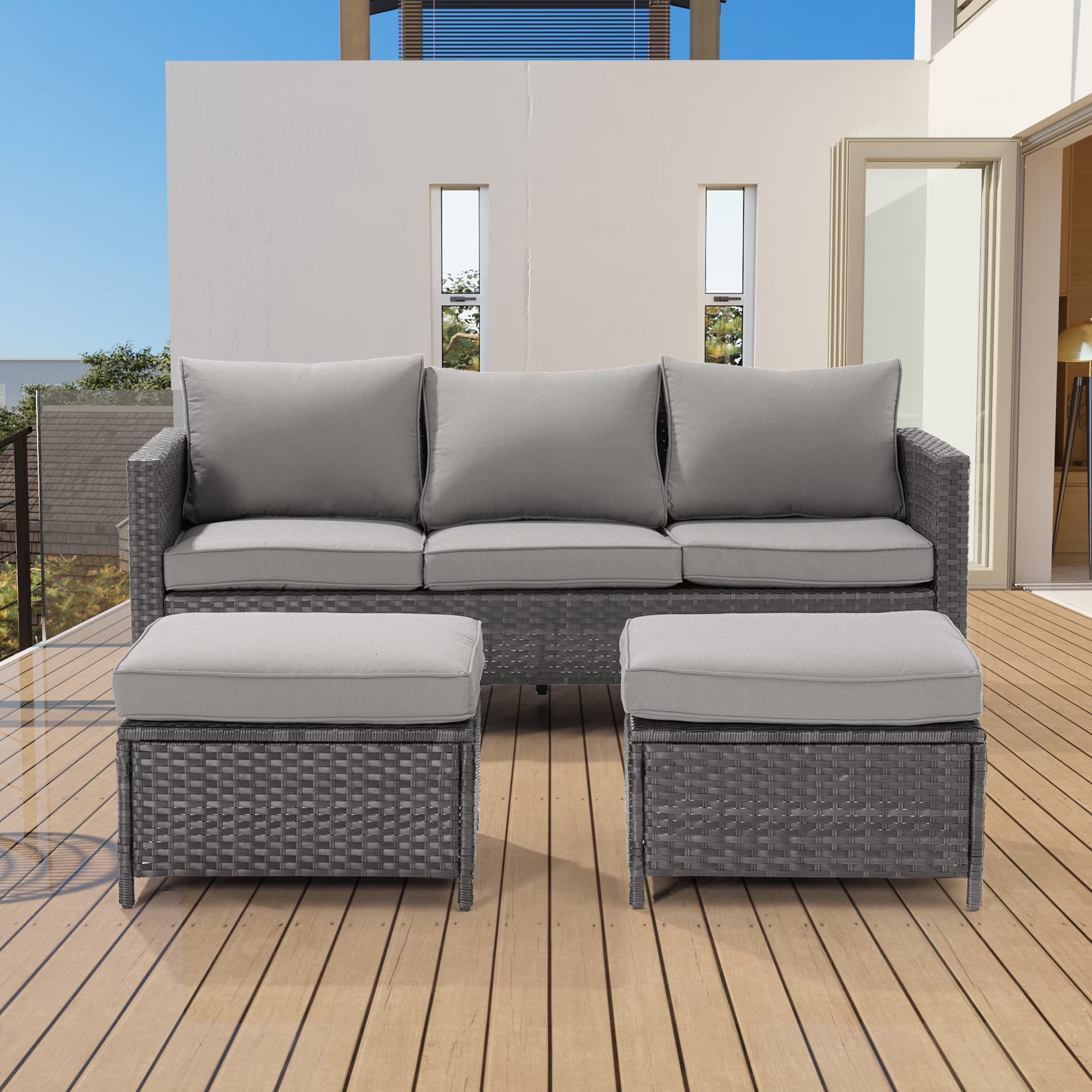 3-Piece Rattan Patio Sofa Set with Ottomans, Light Gray X8703
