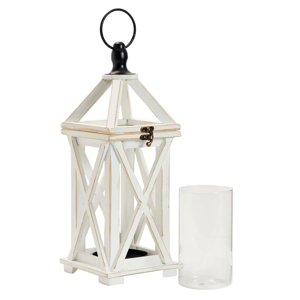White 6 x 15 In Wooden Decorative Lantern Candle Holder with Glass Hurricane Q3887