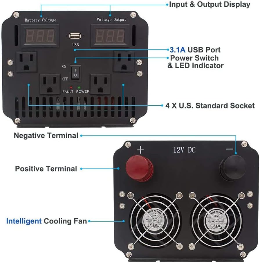 2500 Watt Pure Sine Wave Power Inverter 12V DC to 120V AC Converter with 4 AC Outlets and 3.1A USB Port U253903