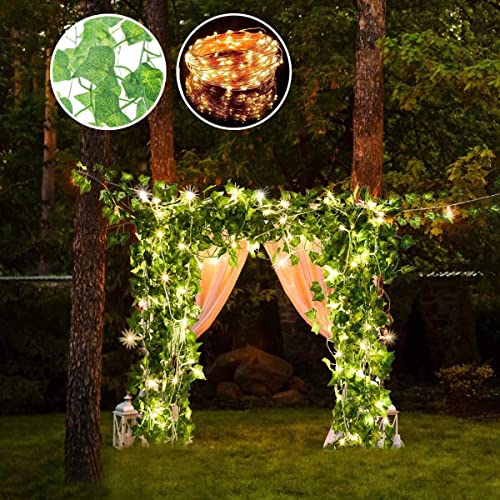 Fake Vines Artificial Ivy Garland with 100 LED String Light Hanging Plants Faux Greenery Leaves 6Pack with 100LED W498
